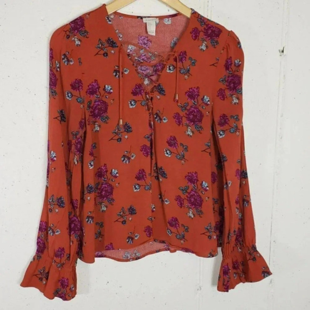 Forever 21 L floral Boho lace up long sleeve top